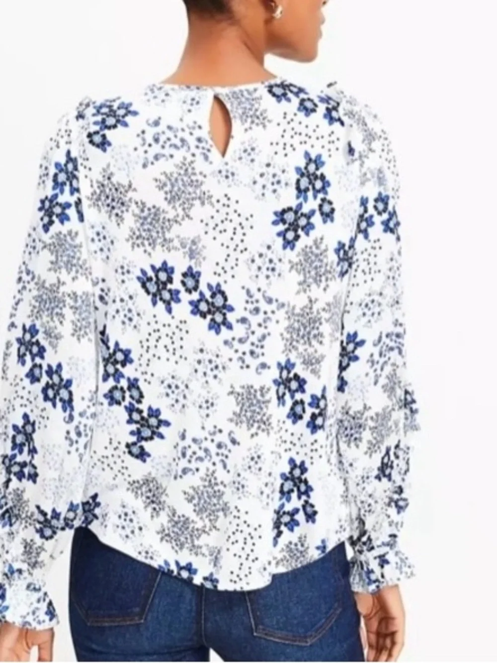 LOFT Floral Mixed Media Ruffle Sleeve Top Size M